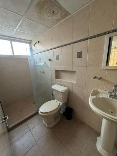 a bathroom with a toilet and a shower and a sink at Comodo departamento cerca de Costera Acapulco in Acapulco