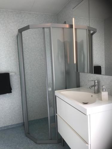 Un baño con ducha, lavabo y espejo. en Rivera Hill, en Båstad