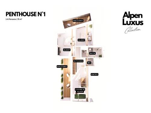 a floor plan of a apartment with names of the rooms at PENTHOUSE N`1 - AlpenLuxus Collection in Kramsach