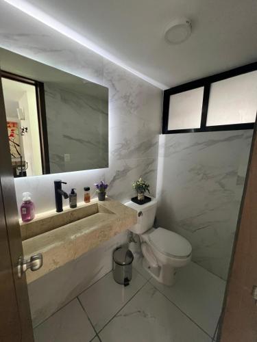 a bathroom with a toilet and a sink and a mirror at Hogar Periférico Sur in Lomas de Angelopolis