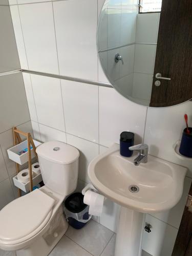 ein Badezimmer mit Toilette, Waschbecken und Spiegel in der Unterkunft Cómodo monoambiente en El Prado in Cochabamba