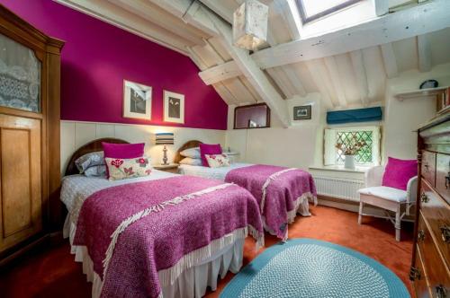 a bedroom with two beds and purple walls at Llys-Derwin in Dolbenmaen