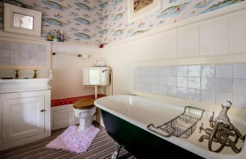 a bathroom with a bath tub and a toilet at Llys-Derwin in Dolbenmaen