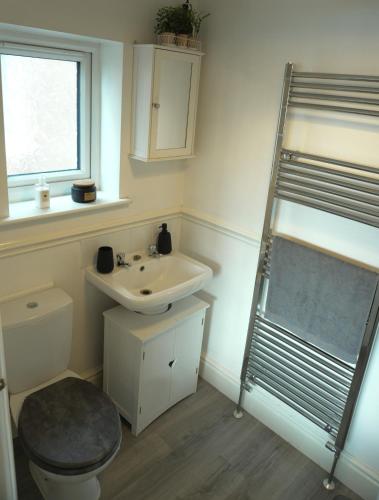 a bathroom with a toilet and a sink at Detached Homestay - Super, King & Double Rooms - Leyland, Preston, Chorley, Lancashire in Leyland