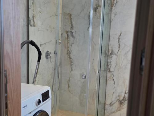a shower in a bathroom with a glass shower stall at Nova Apartments Golem in Golem