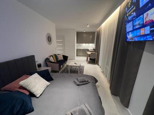 a living room with a couch and a flat screen tv at Apartamenty Wilenska in Słupsk