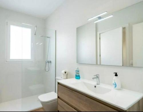 een badkamer met een wastafel, een toilet en een spiegel bij Life in the Center of Valencia - Fast Wiffi in Valencia