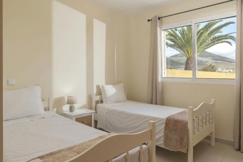 a bedroom with two beds and a window with a palm tree at La Maison Dorée in Porto Santo
