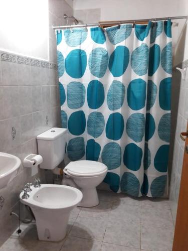 a bathroom with a toilet and a shower curtain at La Perlita de Trevelin in Trevelín