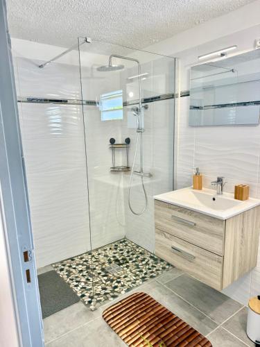 a bathroom with a shower and a sink at Nid Créole in Vieux-Habitants