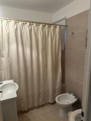 a bathroom with a shower curtain and a toilet at Croeso! in Puerto Madryn