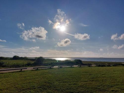 eine Sonne scheint am Himmel über einem Feld mit Bänken in der Unterkunft 6 person holiday home in Hemmet-By Traum in Falen