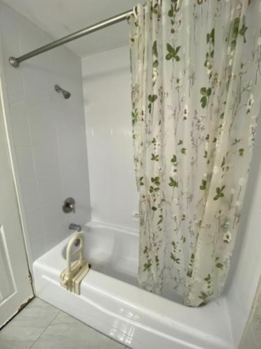 baño con cortina de ducha y bañera en Comfy Private Room, en Brampton