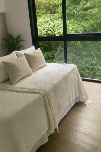 un lit dans une chambre avec une grande fenêtre dans l'établissement Lourenço House, à Barueri