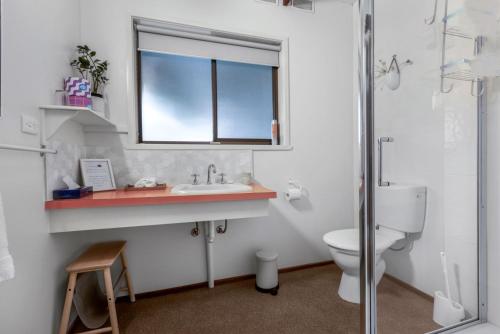 a bathroom with a sink and a toilet at Jetty View - Rosella Cabin in Nungurner