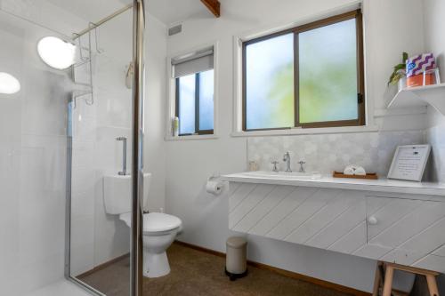 a bathroom with a toilet and a sink and a shower at Jetty View - Lorikeet Cabin in Nungurner