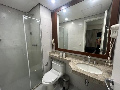 a bathroom with a toilet and a sink and a mirror at Hotel Luxuoso Moema Shopping Ibirapuera 1806 in Sao Paulo