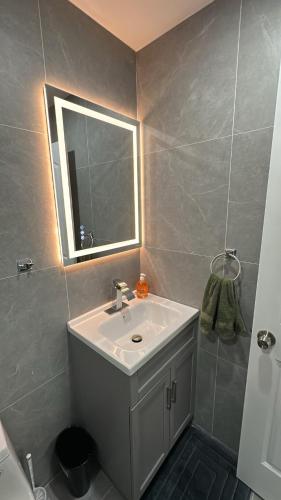 a bathroom with a sink and a mirror at Unit #10 Private Studio in Hempstead