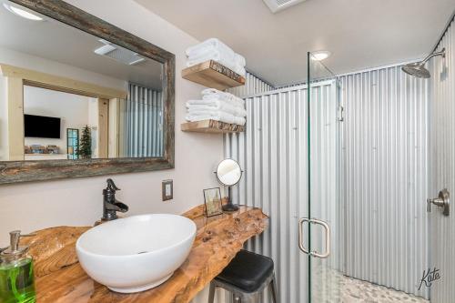 un bagno con lavandino, specchio e doccia di Experience Lakeside Cabin Living in North Pole, AK a North Pole