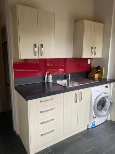 a kitchen with a sink and a washing machine at Antares Homestay in Renwick