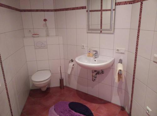 La petite salle de bains est pourvue de toilettes et d'un lavabo. dans l'établissement Ferienwohnung Heike Heitmann, à Eystrup