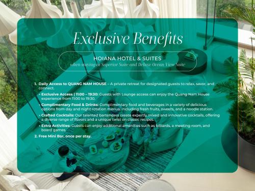 Un folleto con los beneficios exclusivos de un hotel y suites. en Hoiana Hotel & Suites, en Hoi An