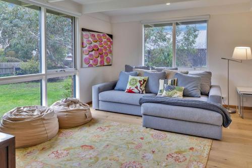 a living room with a blue couch and windows at Eagle Rock - 400 meters to the beach in Aireys Inlet