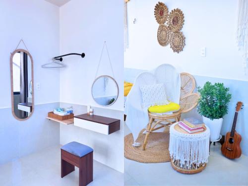 two pictures of a room with a chair and a mirror at Lantana Homestay in Da Lat