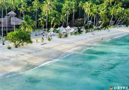 eine Luftaufnahme eines Strandes mit Palmen und dem Meer in der Unterkunft Dryft Darocotan Island in El Nido