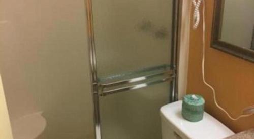 a bathroom with a shower and a toilet and a sink at Travelodge by Wyndham Bay Shore Long Island in Bay Shore