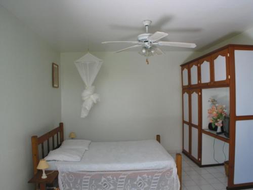 1 dormitorio con 1 cama y ventilador de techo en Meridienne Creole, en Sainte-Anne