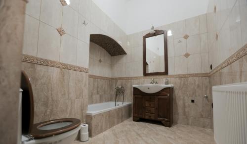y baño con aseo, lavabo y espejo. en Poarta Schei Residence en Brasov