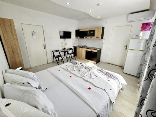 a bedroom with two beds and a kitchen with a refrigerator at Pensiunea Red Rose Apartments in Timişoara