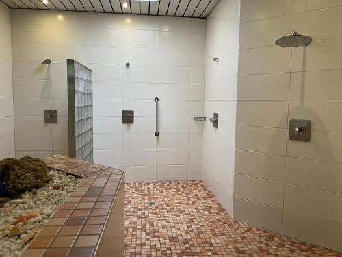 a bathroom with a walk in shower next to a river at Ferienwohnung Harz Valley in Niederdorla