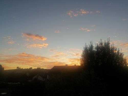 a sunset over a city with trees in the foreground at Allgäu Space in Marktoberdorf