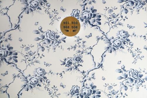 an image of a wallpaper with blue and white flowers at Ofelias Hotel 4Sup in Barcelona
