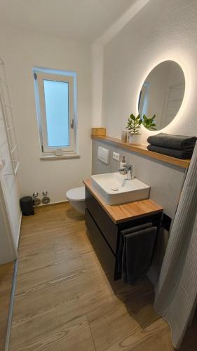 a bathroom with a sink and a mirror at Ferienwohnung Schmidmayer in Prien am Chiemsee