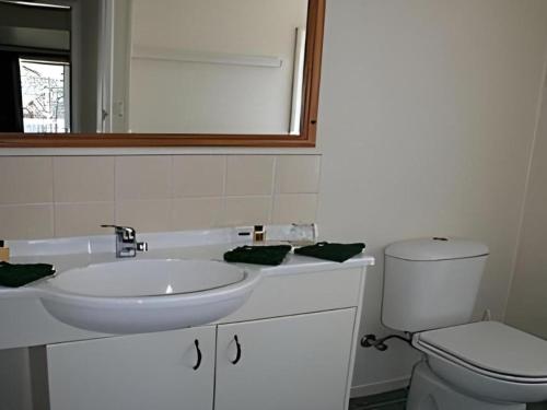 a bathroom with a sink and a toilet and a mirror at Fletcher Christian Holiday Hotel in Burnt Pine