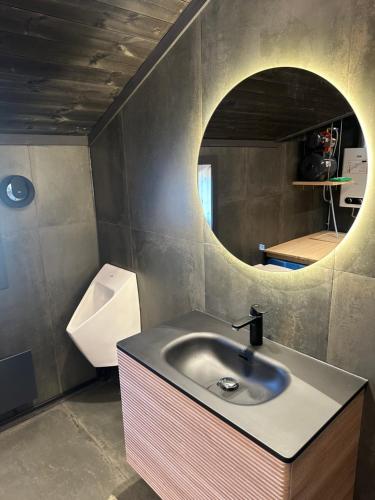 a bathroom with a sink and a mirror at Bottheimsætra 
