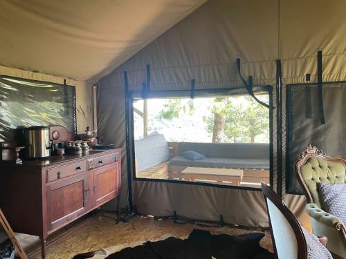 a tent with a bed and a table in it at Dargle Forest Lodge in Dargle