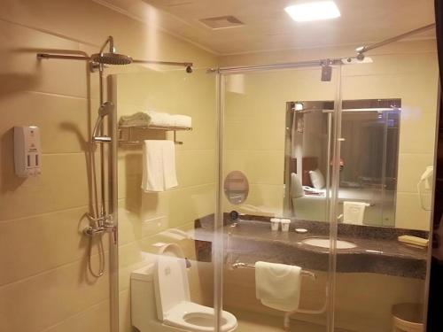 a bathroom with a shower and a toilet and a sink at GreenTree Inn Hebei Langfang Bazhou Railway Station West Yingbin Road Express Hotel in Langfang