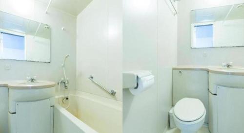 a white bathroom with a toilet and a sink at Tabist Joetsu Central Hotel Takada Nakamachi in Joetsu