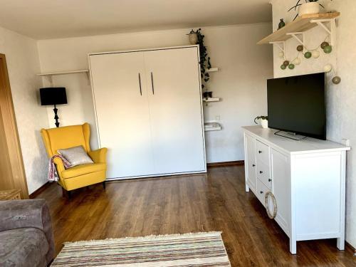 Una televisión o centro de entretenimiento en Bright and cozy apartment in the city center with balcony