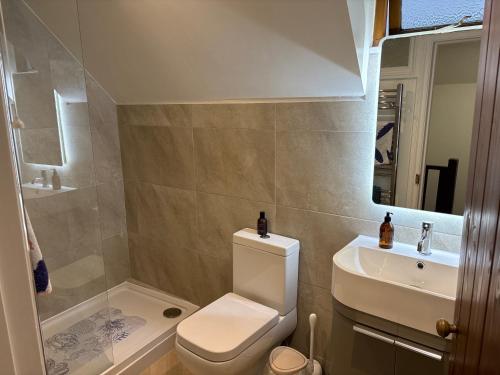 ein Badezimmer mit Toilette und Waschbecken in der Unterkunft Little Hog Cottage, cosy seaside hideaway in Seaton