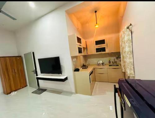 - une petite cuisine avec une télévision dans la chambre dans l'établissement Ekant The Luxury Farm, à Jaipur