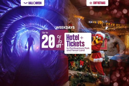 a christmas display with a sign that says hotel tickets at PortAventura Hotel Caribe - Includes unlimited access to PortAventura Park & 1 access to Ferrari Land in Salou