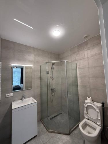 Un baño con ducha, inodoro y lavabo. en Rihlaa aprt c 1105, en Itʼkhvisi