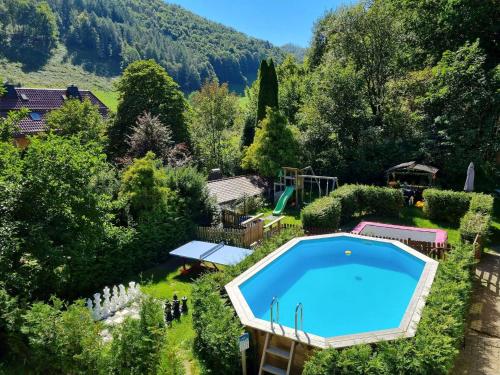 an overhead view of a swimming pool in a garden at Gruppenunterkunft-Klein-Holland-Harz-aussergewoehnlich-und-einzigartig-mit-grossartiger-Unterhaltung-fuer-jedes-Alter-fuer-bis-zu-24-Personen in Herzberg am Harz