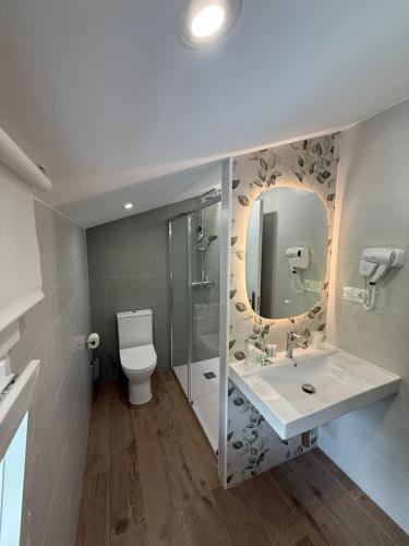 Un baño con inodoro, lavabo y espejo. en Apartamento BANDERILLAS - Hotel Ruta del Segur, en Pontones