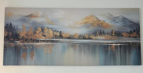 a painting of a lake with trees and mountains at 1 Zimmer Apartment Nähe Uni in Göttingen